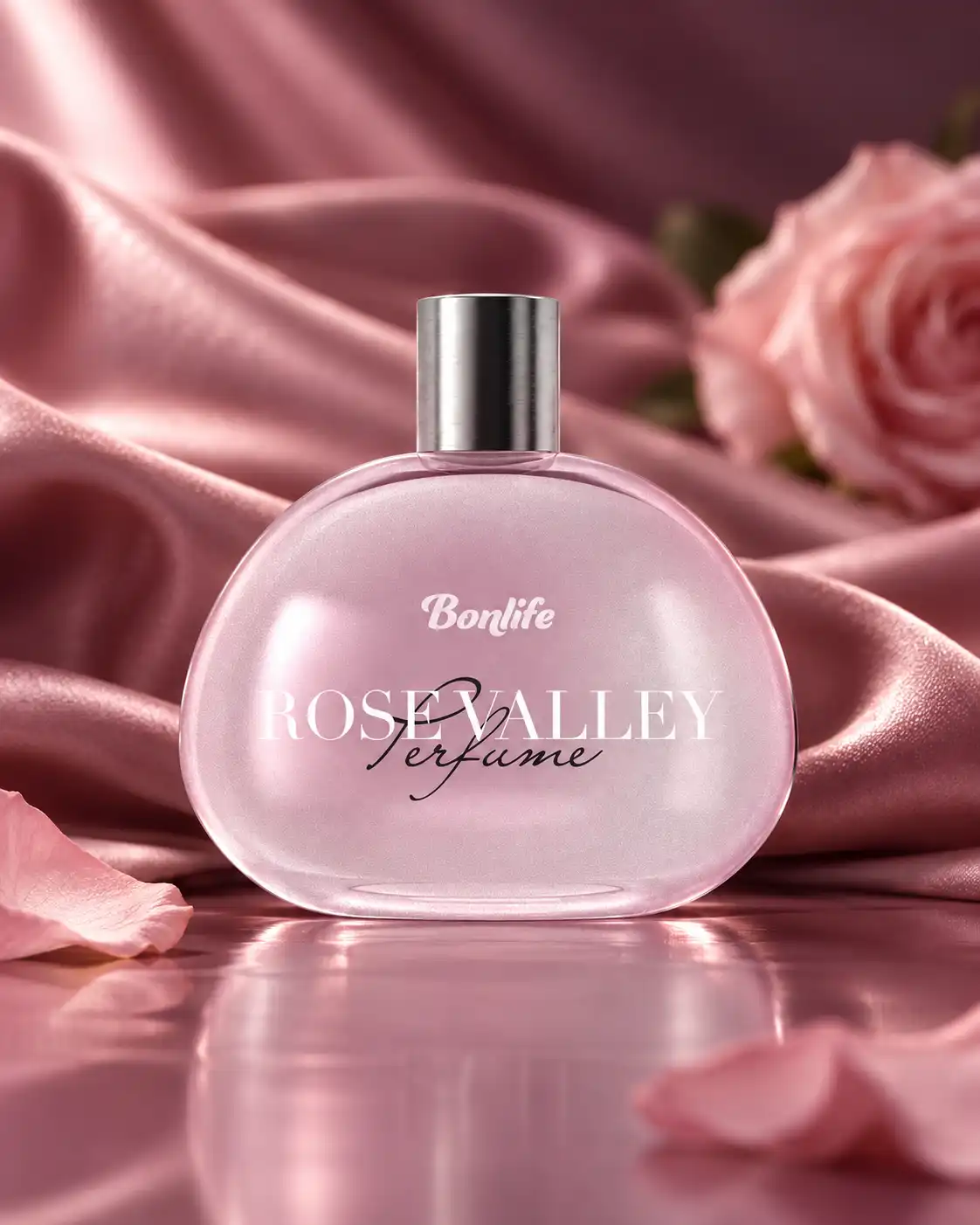 Парфюм Bonlife Rose Valley: заоблен розов флакон със сребърна капачка върху розова коприна и листенца от роза