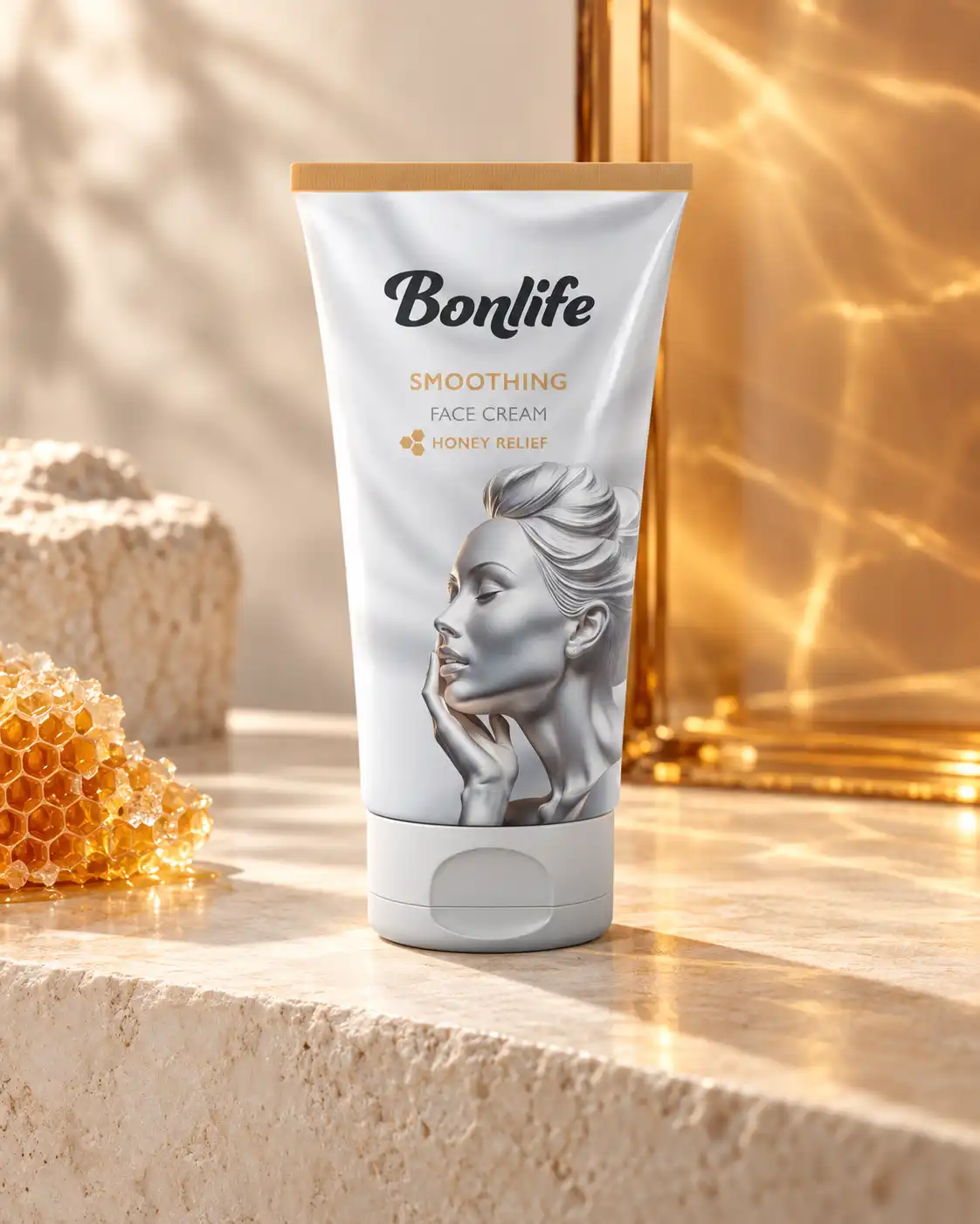 Изглаждащ крем за лице Bonlife Honey Relief: бяла туба със сребърен женски профил, до пчелна пита на мраморен плот