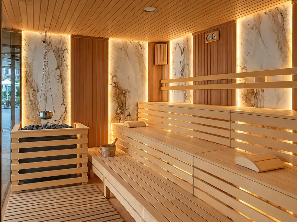 Финландска сауна в СПА центъра на Santé SPA Hotel, Велинград: дървени пейки, мраморни панели и топло LED осветление